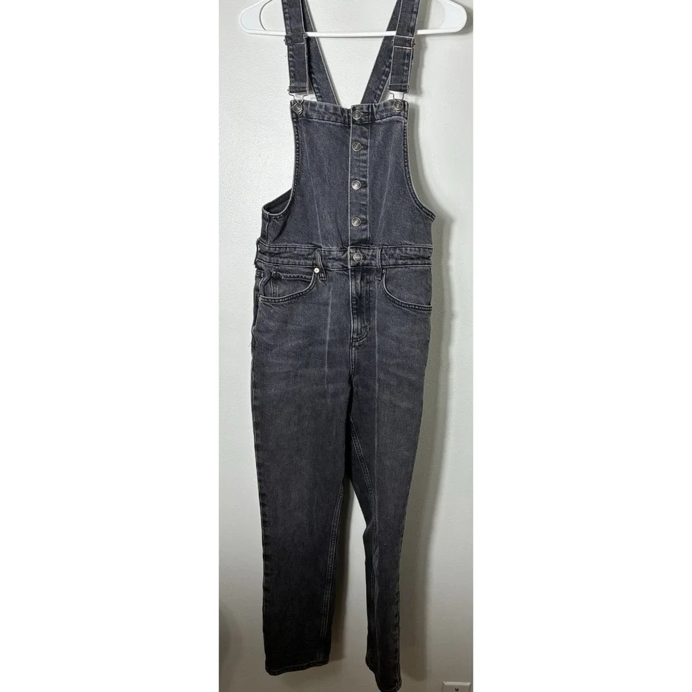 Free People We The Free Shelby Denim Overalls Black Sz 29 Button Front Cropped